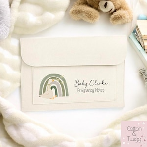 May include: A beige felt folder with a pocket on the front. The pocket has a rainbow and a goose illustration with the text "Baby Clarke Pregnancy Notes".