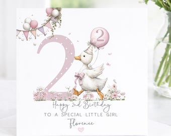 May include: A birthday card with a whimsical design. It features a large pink number 2, a cartoon duck holding a balloon, and floral accents. The card reads "Happy 2nd Birthday To A Special Little Girl Florence."