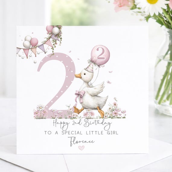 2nd Birthday Card For Girl, Personalised Pink Goose Birthday Card For Daughter/Granddaughter/Niece/Any Relation