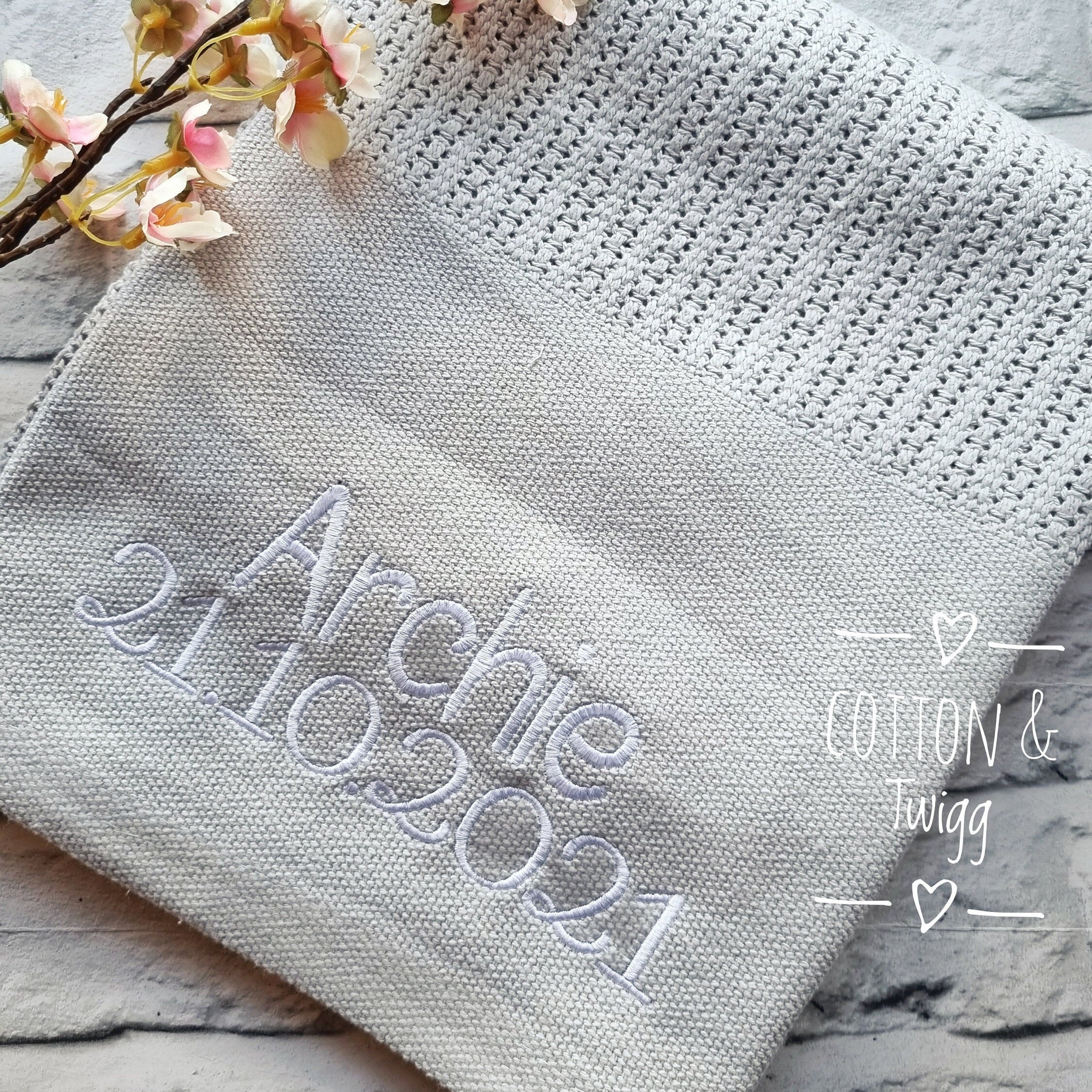 Embroidered Cellular Grey Baby Blanket Personalised Blanket for