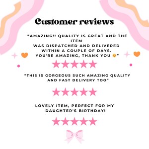 May include: Image featuring customer reviews with a white background and pink and orange decorative elements. Text includes phrases like "AMAZING!! QUALITY IS GREAT" and "GORGEOUS SUCH AMAZING QUALITY." Five-star ratings are displayed.