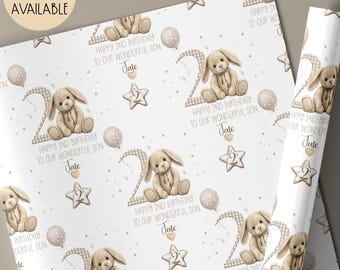 Personalised 2nd Birthday Wrapping Paper For Little Boy Or Girl, Neutral Beige bunny Gift Wrap, Happy Birthday Wrapping Paper Roll