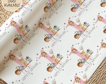 Personalised Safari Animal Birthday Wrapping Paper For Little Girl, Pink Jungle Theme 1st/2nd/3rd/Any Age Happy Birthday Gift Wrap,