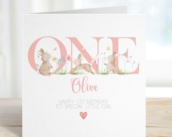 Personalised 1st Birthday Bunny Rabbit Card For Little Girl, Pink First Birthday Card For Daughter, Niece, Granddaughter, Sister