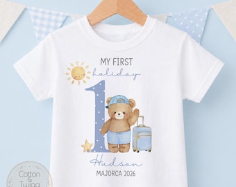 Personalised Boys First Holiday T-Shirt, Baby Boy Holiday Top, Custom Name Destination and Year, First Family Holiday Outfit