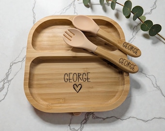 Personalised Bamboo Suction Dinner Set, Baby/Toddler Plate, Bowl, Spoon & Fork, Laser Engraved, 1st Birthday Gift