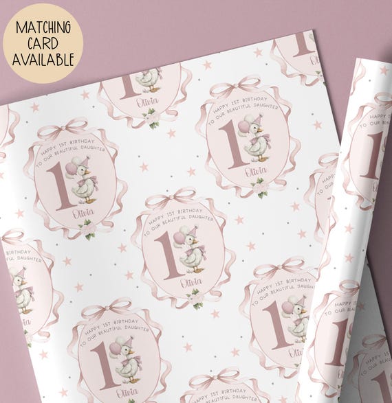 Personalised 1st Birthday Goose Wrapping Paper, Girls First Birthday Gift Wrap, Daughter Granddaughter Niece Wrap