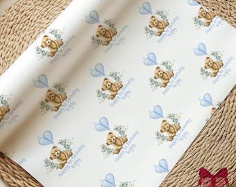 Teddy Bear First Birthday Gift Wrap Paper, Personalised 1st Birthday Wrapping Paper for Son, Grandson, Nephew, Godson, Little Boy
