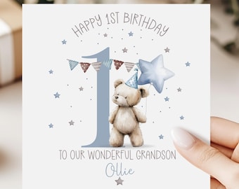 Tarjeta de primer cumpleaños para niño, tarjeta de cumpleaños personalizada con osito de peluche para hijo/nieto/sobrino/cualquier pariente