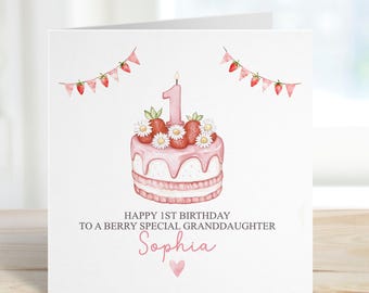 Strawberry 1st Birthday Card, Berry Special Birthday Greeting Card, Personalised First Birthday Card For Little Girl Granddaughter/Daughter