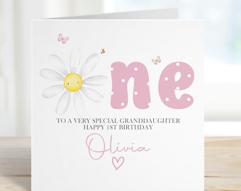 Personalised Pink Daisy First Birthday Card For Little Girl, Floral 1st Birthday Card For Daughter, Granddaughter, Niece, Sister