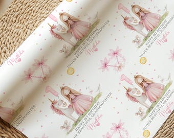Personalised Unicorn Princess Gift Wrap, 1st Birthday Unicorn Themed Wrapping Paper for Daughter, Granddaughter, Niece, Little Girl