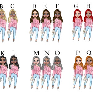 May include: Illustration of 18 cartoon girls with different hair colors and styles. Each girl is wearing a pink sweater, blue jeans, and carrying a small white bag. The girls are arranged in three rows of six.