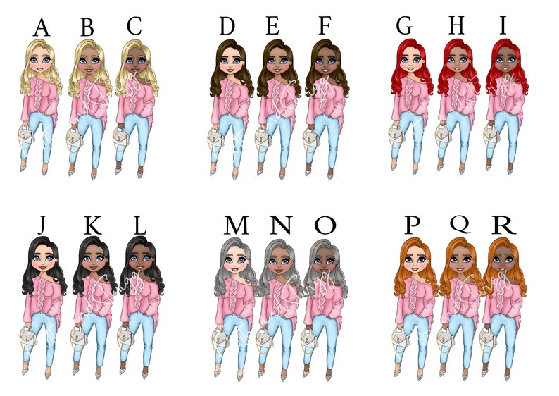 May include: Illustration of 18 cartoon girls with different hair colors and styles. Each girl is wearing a pink sweater, blue jeans, and carrying a small white bag. The girls are arranged in three rows of six.