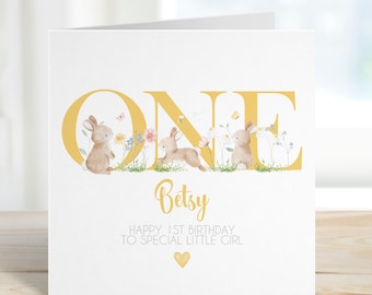 Personalised 1st Birthday Bunny Rabbit Card For Little Girl, Yellow First Birthday Card For Daughter, Niece, Granddaughter, Sister