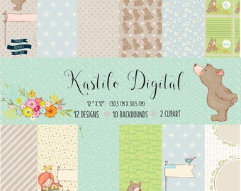 Baby Digital Paper Pack digital scrapbook paper newborn baby girl, Baby Boy digital scrapbook paper background teddy bear mouse,Bear digital