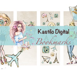 Printable bookmark, printable travel bookmark, gift for her, printable bookmark set, travel girl print, readers gift, girly bookmark