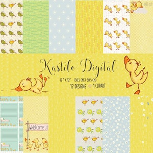 Duck Digital Paper Pack with Rubber Ducky and Bubble Patterns. Printable Papers Set. Baby Backgrounds. Digital Scrapbook Download