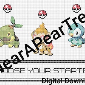 May include: Pixelated digital art featuring three starter Pokémon characters: Turtwig, Chimchar, and Piplup, with Poké Balls above. The phrase "CHOOSE YOUR STARTER" is displayed below. The words "NearAPearTree" and "Digital Download" are also present.
