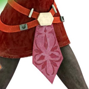 May include: A red skirt with a pink patterned sash and a brown leather belt with a silver buckle.