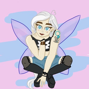 May include: A white-haired fairy with blue eyes and a black choker sits cross-legged with wings spread out behind them. They are wearing denim shorts, black stockings, and black boots. They have a tattoo on their arm of a flower and a blue circle.