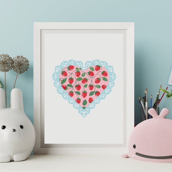 Digital, PDF Heart counted cross-stitch pattern, perfect for nurseries and children's rooms. Pattern name: Strawberry Heart