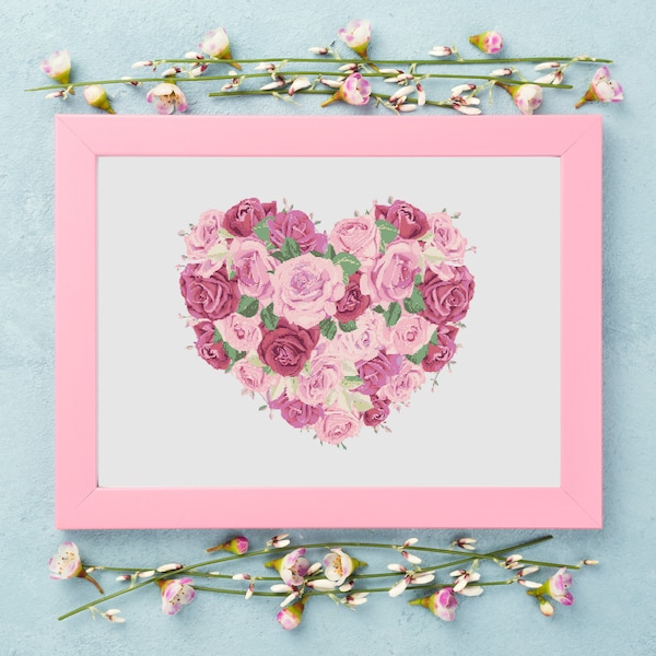 Digital, PDF Lace Heart counted cross-stitch pattern, perfect for nurseries and children’s rooms. Pattern name: Heart of Roses