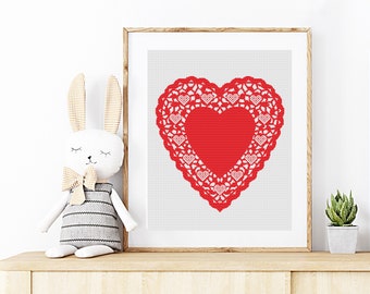 Digital, PDF Heart counted cross-stitch pattern, perfect for nurseries and children's rooms. Pattern name: Lace Heart