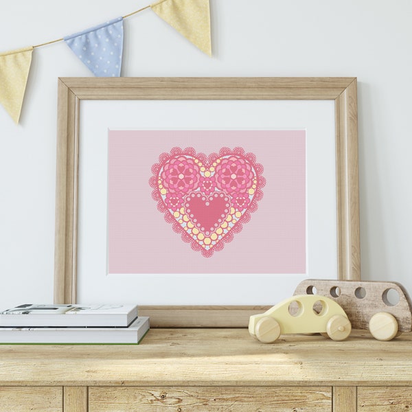 Digital, PDF Heart counted cross-stitch pattern, perfect for nurseries and children’s rooms. Pattern name: Spring Dentelle Lace Heart