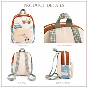 May include: A backpack featuring a white base with a pattern of embroidered cars in blue, green, and yellow. It has rust-colored trim, a front pocket with the name Emily embroidered in red, and green and white grid-patterned straps and handle.