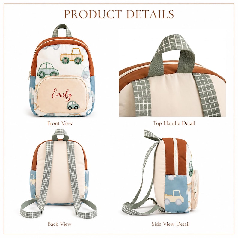 May include: A backpack featuring a white base with a pattern of embroidered cars in blue, green, and yellow. It has rust-colored trim, a front pocket with the name Emily embroidered in red, and green and white grid-patterned straps and handle.