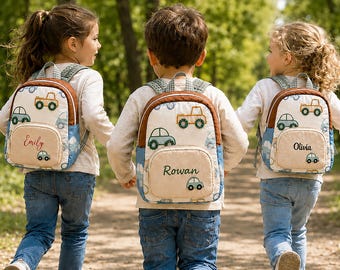 Personalized Toddler Car Backpack with Name, Kids Preschool Backpack for Boys, Nylon School Bag, Back to School & Summer Camp Gift