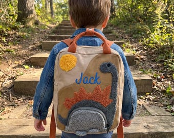 Embroidered Dinosaur Canvas Backpack, Custom Name Bag,Personalized Kids Back to School,Gift for Dinosaur Lovers & Young Adventurers