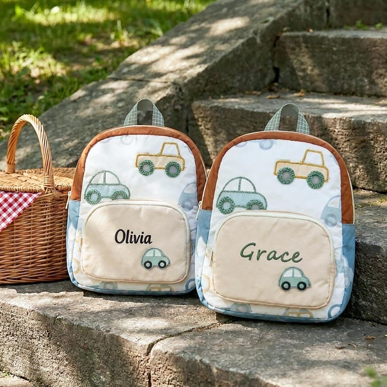 Personalized Toddler Car Backpack with Name, Kids Preschool Backpack for Boys, Nylon School Bag, Back to School & Summer Camp Gift image 2