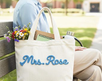 Personalized Corduroy Teacher Name Tote Bag, Custom Teacher Work Bag With Zipper, Classroom Organizer Tote for Teachers, Back To School Gift