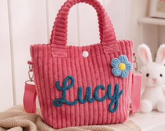 Personalized Toddler Crossbody Bag, Custom Name Corduroy Purse with Charm, Preschool Girls Handbag, Kids Travel Bag, Back to School Gift