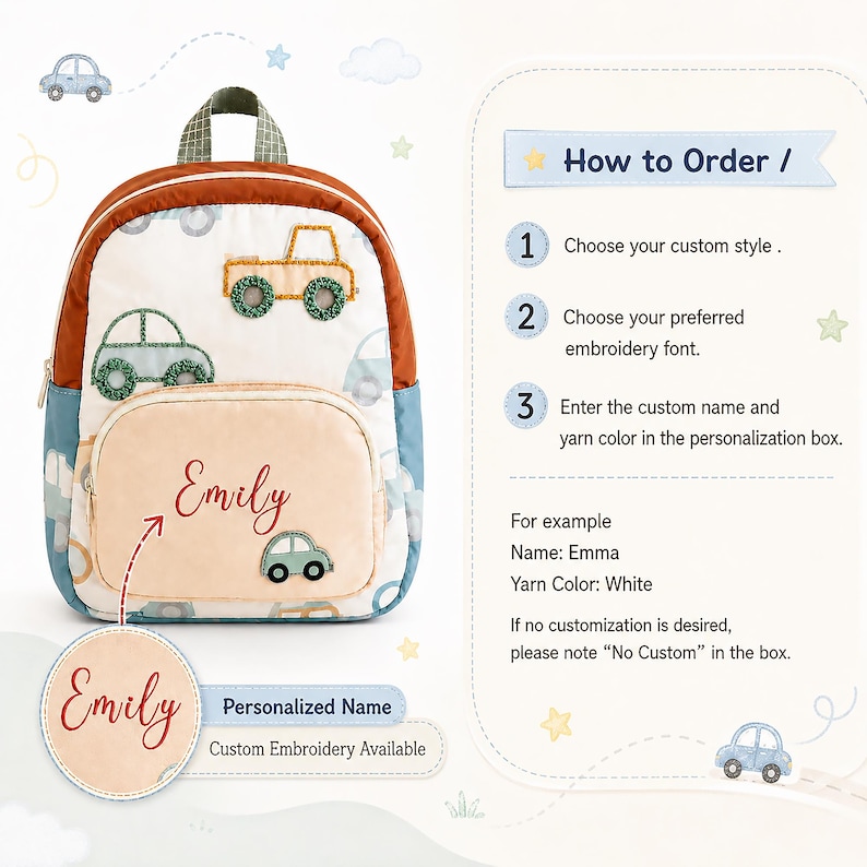 Personalized Toddler Car Backpack with Name, Kids Preschool Backpack for Boys, Nylon School Bag, Back to School & Summer Camp Gift image 7