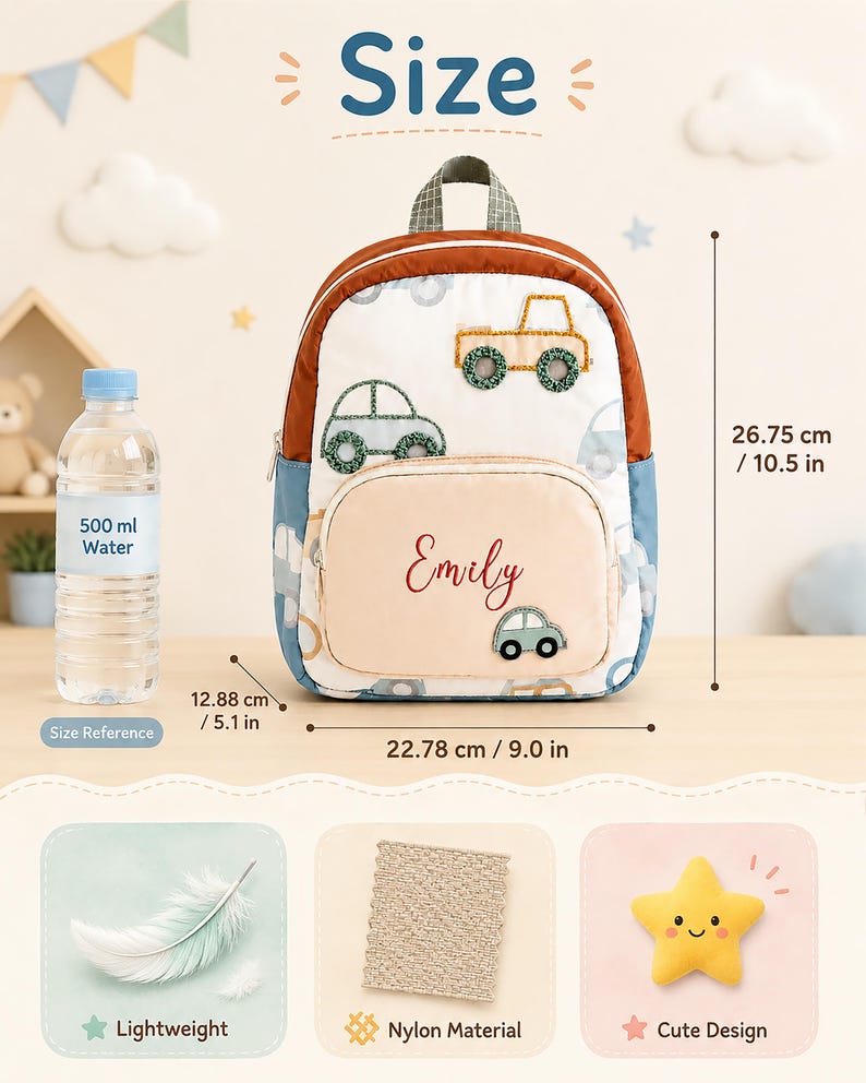May include: A backpack with a white base featuring a pattern of embroidered cars, a rust-colored top, and blue sides. The front pocket is beige with the name Emily embroidered in red. It measures 10.5 inches high and 9.0 inches wide.