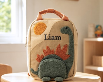 Personalized Dinosaur Canvas Toddler Backpack, Embroidered Custom Name Back to School Gift for Kids, Birthday Gift for Dinosaur Lovers