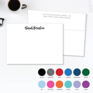 May include: A white stationery card with the name "Sarah Bernstein" printed in black script at the top. The card is surrounded by a selection of colored circles, including black, graphite, ruby, cobalt, midnight, forest, sky, hot pink, orange, aqua, lilac, and plum.