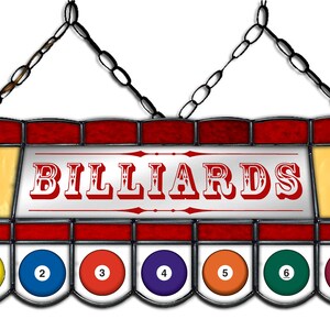 May include: A stained glass billiard light fixture with a red and yellow design. The fixture has a sign that says "BILLIARDS" and features a row of numbered billiard balls.
