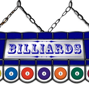 May include: A blue stained glass billiard light fixture with the word "BILLIARDS" in white lettering. The fixture has seven numbered billiard balls in the bottom row.