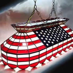May include: A stained glass pool table light fixture with a red, white, and blue American flag design.