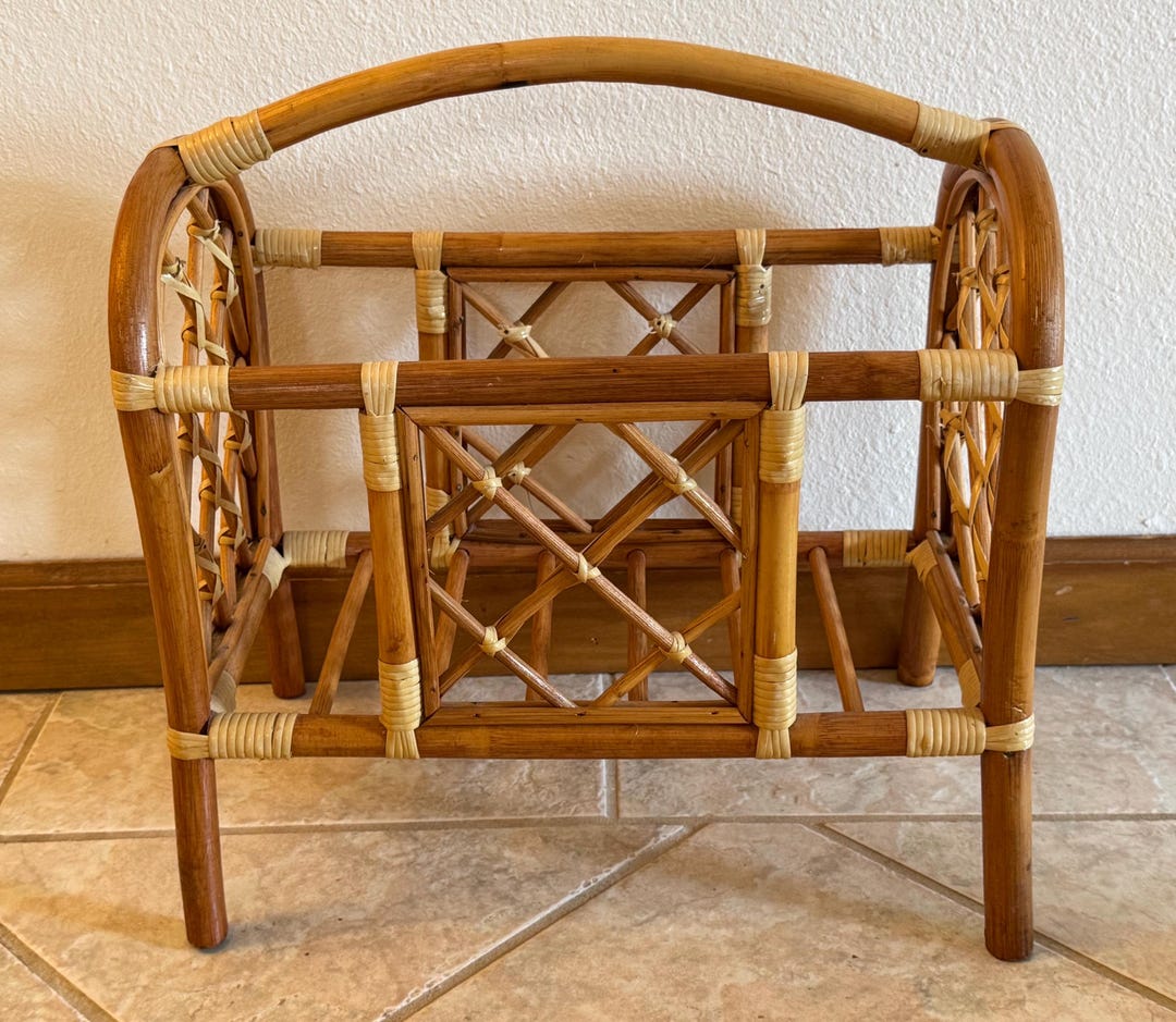 Bamboo Rattan Magazine Rack | Mid Century Boho Coastal Organizer - Etsy