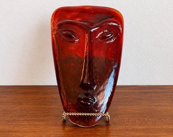 Jaramillo Brothers Sky Dreamer Art Glass Face Mask Sculpture | Hand Blown Amber Red Mexican Glass | Mid Century Modern Wall or Tabletop Art