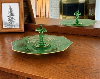 Fostoria Palm Leaf Uranium Glass Handled Serving Tray | Green Etched Brocade Pattern Tidbit Plate | Depression Era Glass