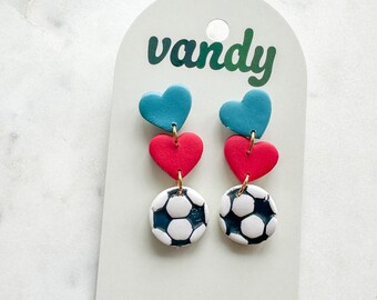 KC Current Polymer Clay Earrings | Teal, Red Heart & Soccer Ball Dangle