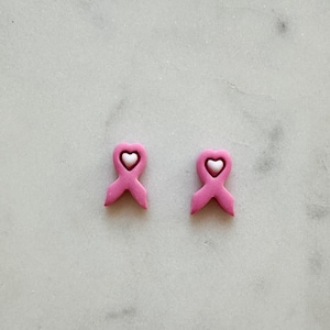 Pink Breast Cancer Awareness Ribbon with Heart Earring | Tiny Stud | Stainless Steel