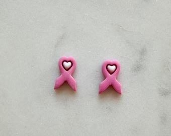 Pink Breast Cancer Awareness Ribbon with Heart Earring | Tiny Stud | Stainless Steel