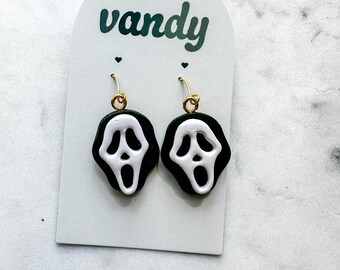 Ghost Mask Dangle Earrings | Handmade Polymer Clay, Halloween Jewelry
